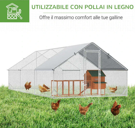 Pollaio-da-Giardino-con-Telaio-Zincato,-Copertura-Impermeabile-e-Rete-Esagonale,-3x6x2m,-Argento-YH6D51-277V02YH6