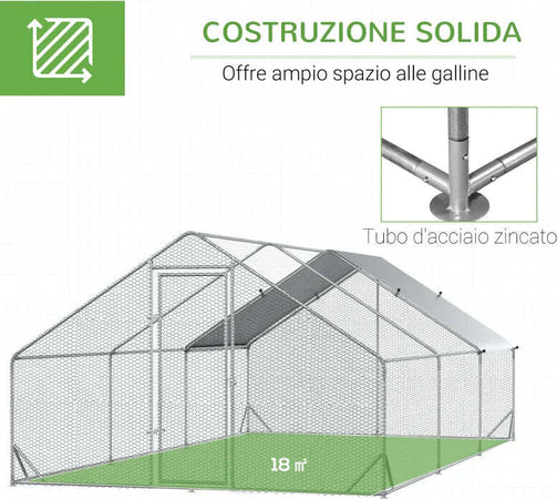 Pollaio-da-Giardino-con-Telaio-Zincato,-Copertura-Impermeabile-e-Rete-Esagonale,-3x6x2m,-Argento-YH6D51-277V02YH6