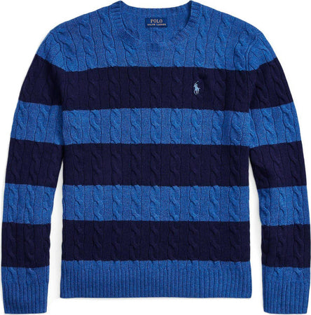 Polo-Ralph-Lauren-Maglione-a-Trecce-Blu-Uomo-Pullover-a-Righe-Girocollo-a-Costine