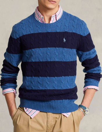 Polo-Ralph-Lauren-Maglione-a-Trecce-Blu-Uomo-Pullover-a-Righe-Girocollo-a-Costine