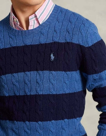 Polo-Ralph-Lauren-Maglione-a-Trecce-Blu-Uomo-Pullover-a-Righe-Girocollo-a-Costine