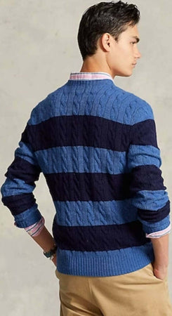 Polo-Ralph-Lauren-Maglione-a-Trecce-Blu-Uomo-Pullover-a-Righe-Girocollo-a-Costine