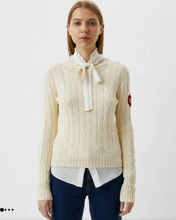 Polo-Ralph-Lauren-Maglione-Donna-Bianco-A-Trecce-Logo-Rl-Cuore-Rosso-Sulla-Manica