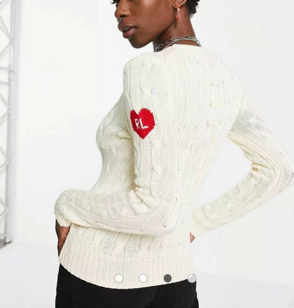 Polo-Ralph-Lauren-Maglione-Donna-Bianco-A-Trecce-Logo-Rl-Cuore-Rosso-Sulla-Manica