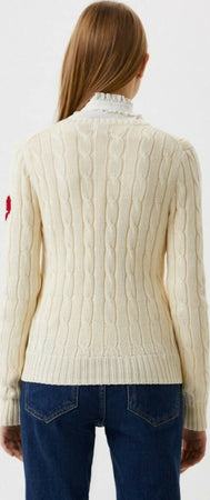 Polo-Ralph-Lauren-Maglione-Donna-Bianco-A-Trecce-Logo-Rl-Cuore-Rosso-Sulla-Manica