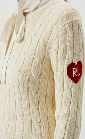 Polo-Ralph-Lauren-Maglione-Donna-Bianco-A-Trecce-Logo-Rl-Cuore-Rosso-Sulla-Manica