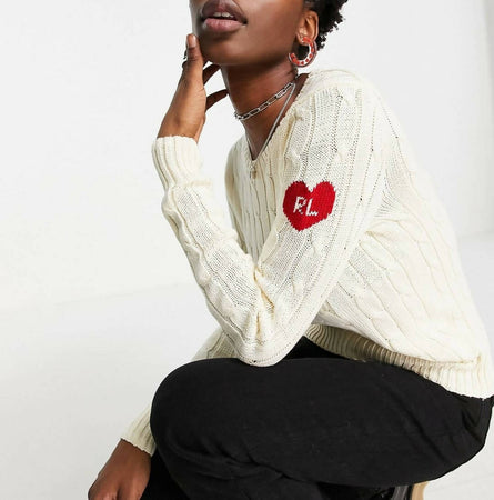 Polo-Ralph-Lauren-Maglione-Donna-Bianco-A-Trecce-Logo-Rl-Cuore-Rosso-Sulla-Manica