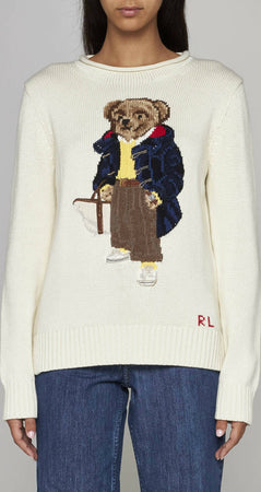 Polo-Ralph-Lauren-Maglione-Donna-Pull-Bear-In-Cotone-Bianco-Crema-Orsetto-E-Logo-Rl-Ricamati