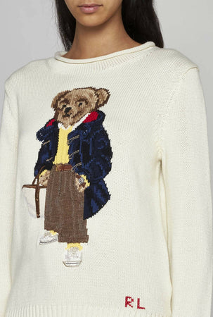 Polo-Ralph-Lauren-Maglione-Donna-Pull-Bear-In-Cotone-Bianco-Crema-Orsetto-E-Logo-Rl-Ricamati