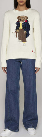 Polo-Ralph-Lauren-Maglione-Donna-Pull-Bear-In-Cotone-Bianco-Crema-Orsetto-E-Logo-Rl-Ricamati