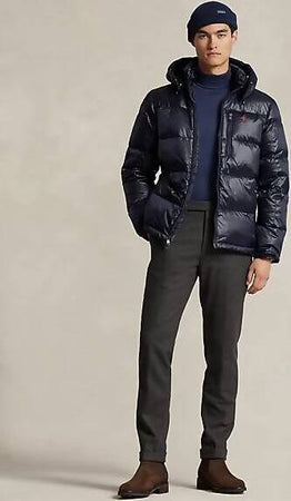 Polo-Ralph-Lauren-Piumino-Uomo-Gorham-Lucido-Blu-Giubbotto-Con-Cappuccio-E-Zip-Pony-Rosso-Ricamato