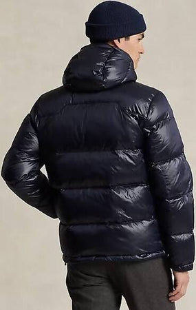 Polo-Ralph-Lauren-Piumino-Uomo-Gorham-Lucido-Blu-Giubbotto-Con-Cappuccio-E-Zip-Pony-Rosso-Ricamato