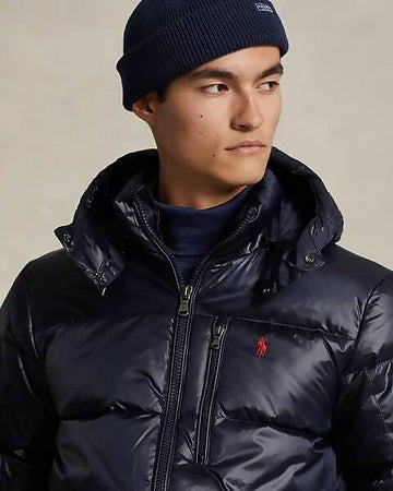 Polo-Ralph-Lauren-Piumino-Uomo-Gorham-Lucido-Blu-Giubbotto-Con-Cappuccio-E-Zip-Pony-Rosso-Ricamato