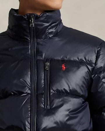 Polo-Ralph-Lauren-Piumino-Uomo-Gorham-Lucido-Blu-Giubbotto-Con-Cappuccio-E-Zip-Pony-Rosso-Ricamato