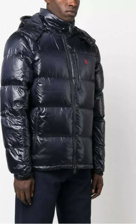 Polo-Ralph-Lauren-Piumino-Uomo-Gorham-Lucido-Blu-Giubbotto-Con-Cappuccio-E-Zip-Pony-Rosso-Ricamato