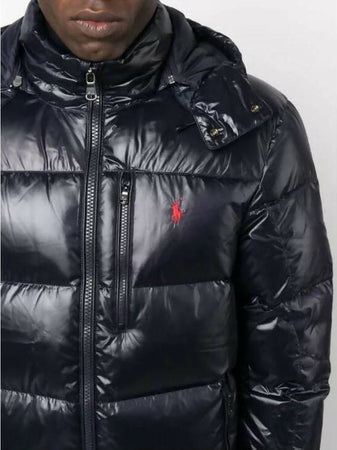 Polo-Ralph-Lauren-Piumino-Uomo-Gorham-Lucido-Blu-Giubbotto-Con-Cappuccio-E-Zip-Pony-Rosso-Ricamato