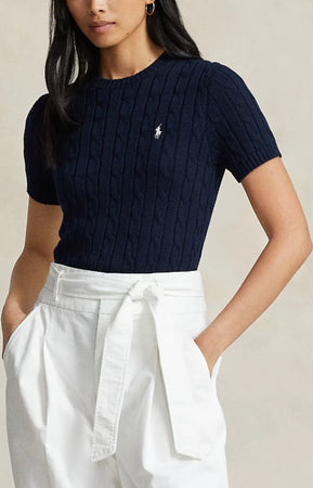 Polo-Ralph Lauren-Maglioncino-Donna-Girocollo-E-Maniche-Corte-in-Cotone-Lavorato-Trecce