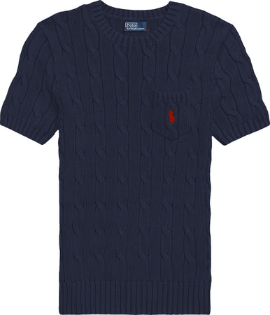 Polo-Ralph Lauren-Maglioncino-Donna-Girocollo-E-Maniche-Corte-in-Cotone-Lavorato-Trecce