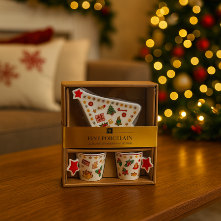Confezione 2 tazze natalizie da caffè con rispettivo piattino in porcellana da 70 ml
