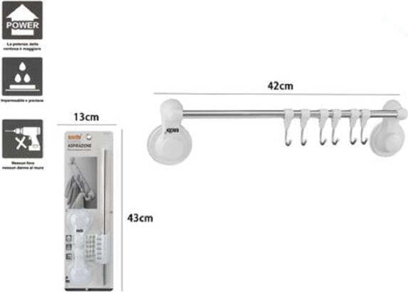 Porta-Asciugamani-Con-6-Ganci-Appendini-Fissaggio-Parete-Ventosa-Bagno-42cm-59550