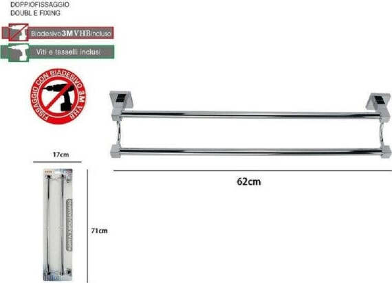 Porta-Asciugamani-Doppio-In-Acciaio-Bagno-Fissaggio-A-Parete-60cm-Square-59192