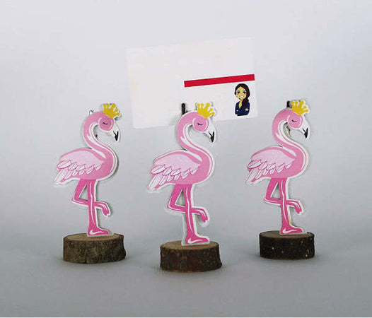 Portafoto-Fenicottero-Rosa-3pz-Base-Legno-Design-Segnaposto-Tavolo-Bomboniera-Festa