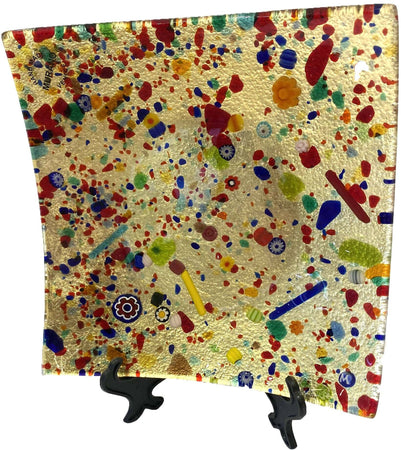 Posacenere Quadrato In Vetro Di Murano Murrina Millefiori E Foglia D'oro Fatto a Mano Made in Italy Artigianale 20x20 C
