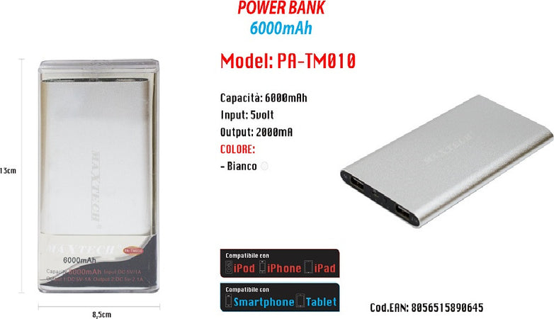 Power Bank Portatile 6000mah Per Smartphone Cellulare Tablet Maxtech Pa-tm010 Powerbank Trade Shop italia - Napoli, Commerciovirtuoso.it