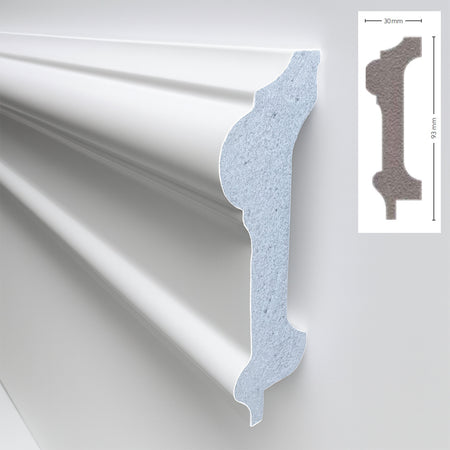 *STOCK FOLLI* pacco da 22ml di Profilo per boiserie in Polimeri Bianco RAL 9016 verniciabile 93X30mm
