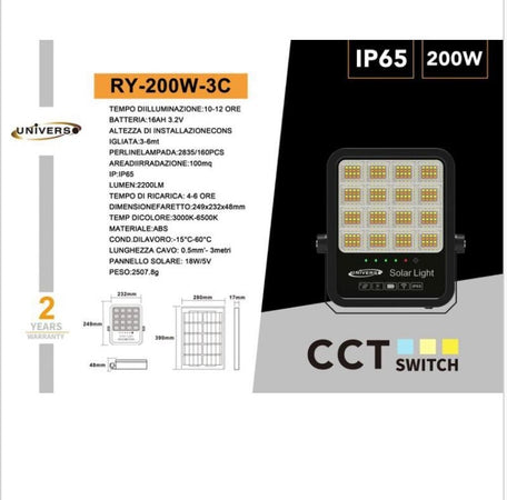 PROIETTORE A LED CON PANNELLO SOLARE FARO A LED SOLAR LIGHT 200W