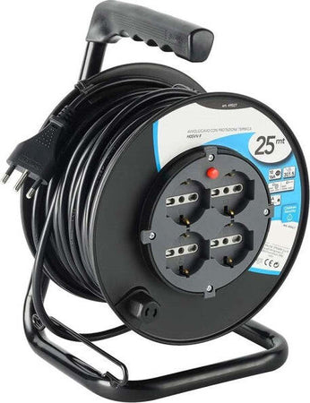 Prolunga-Elettrica-Cavo-25-Mt-Avvolgicavo-4-Prese-Schuko-Polivalenti-Spina-16a