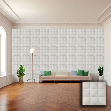 €1,99 Pannello in fibra naturale a parete 3D, rivestimento di lusso 3D 50X50cm BIANCO verniciabile QUADRATI - Eternal Parquet