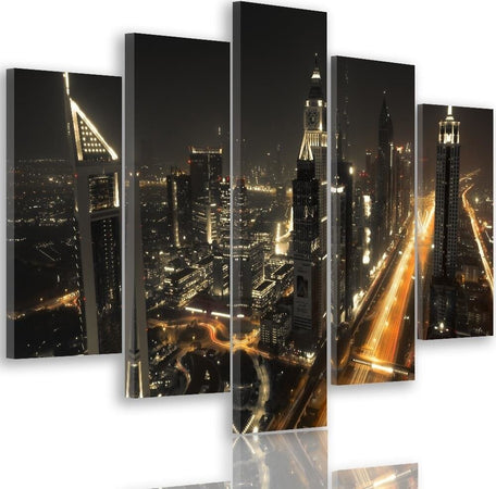 Quadro-Multipannello-Dubai-di-notte,-panorama-della-città