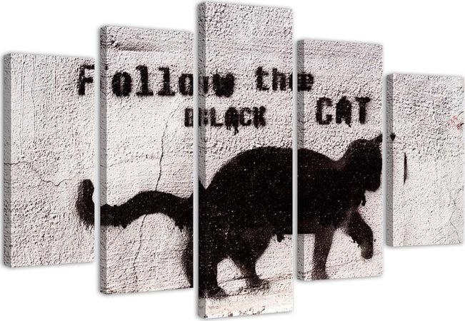 Quadro-su-tela-5-pannelli-Gatto-nero-texture-cemento
