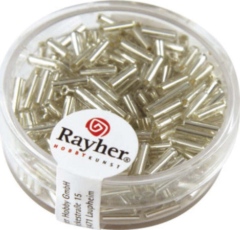 RAYHER---15gr-MATITE-DI-VETRO-COLORE-ARGENTO-LUNGHE-7x2mm---CON-FORO-ARGENTATO