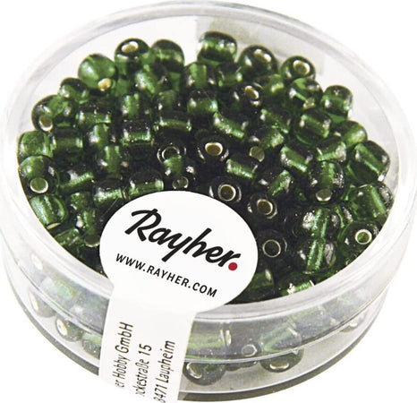 RAYHER---17-GRAMMI---PERLINE-IN-VETRO-ROTONDE-CON-FORO-ARGENTATO-Ø4MM---COLORE-VERDE-SCURO