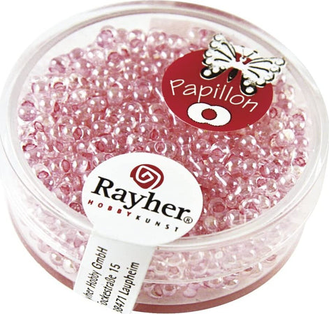RAYHER---17-GRAMMI---ROCAILLE-PAPILLON-IN-VETRO-CON-FORO-ARGENTATO-Ø2,6MM---COLORE-ROSA