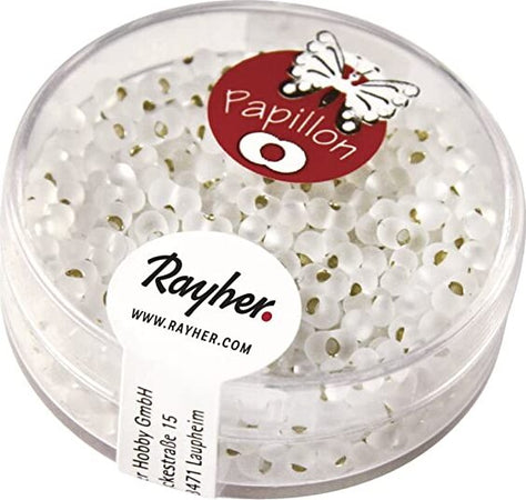 RAYHER---18-GRAMMI---ROCAILLE-PAPILLON-IN-VETRO-CON-FORO-ARGENTATO-Ø2x4MM---COLORE-TRASPARENTE-OPACO