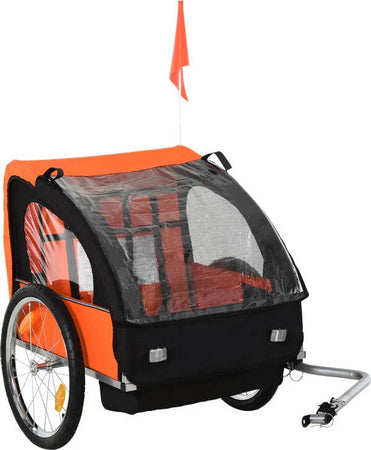 Rimorchio-Bici-Bambini-con-2-Posti,-2-Cinture-di-Sicurezza,-Telaio-in-Acciaio-e-Copertura-in-Tessuto-Oxford-Arancione-YB6440-008OGYB6