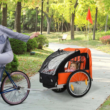 Rimorchio-Bici-Bambini-con-2-Posti,-2-Cinture-di-Sicurezza,-Telaio-in-Acciaio-e-Copertura-in-Tessuto-Oxford-Arancione-YB6440-008OGYB6