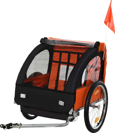 Rimorchio-Bici-Bambini-con-2-Posti,-2-Cinture-di-Sicurezza,-Telaio-in-Acciaio-e-Copertura-in-Tessuto-Oxford-Arancione-YB6440-008OGYB6