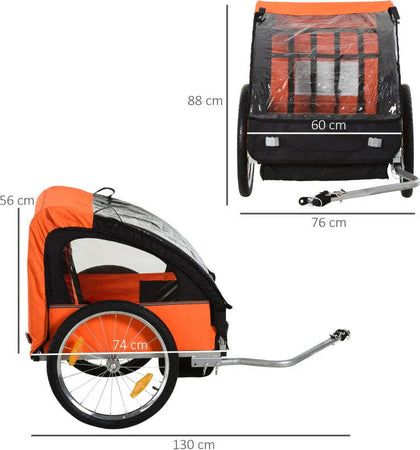 Rimorchio-Bici-Bambini-con-2-Posti,-2-Cinture-di-Sicurezza,-Telaio-in-Acciaio-e-Copertura-in-Tessuto-Oxford-Arancione-YB6440-008OGYB6