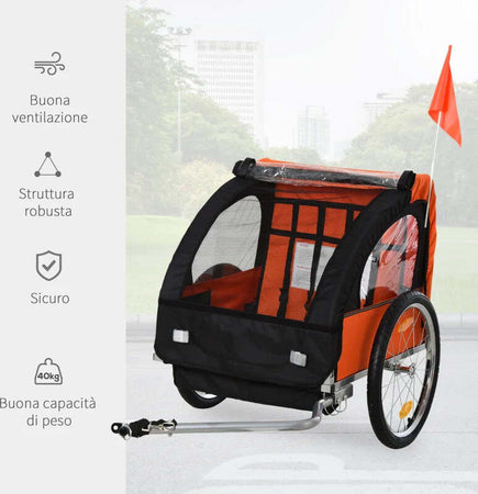 Rimorchio-Bici-Bambini-con-2-Posti,-2-Cinture-di-Sicurezza,-Telaio-in-Acciaio-e-Copertura-in-Tessuto-Oxford-Arancione-YB6440-008OGYB6