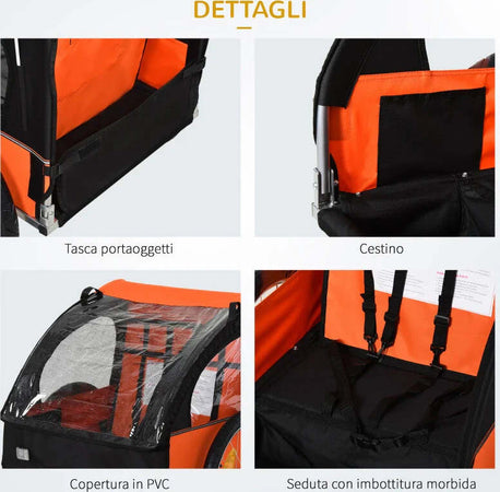 Rimorchio-Bici-Bambini-con-2-Posti,-2-Cinture-di-Sicurezza,-Telaio-in-Acciaio-e-Copertura-in-Tessuto-Oxford-Arancione-YB6440-008OGYB6