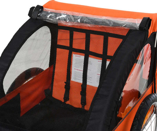 Rimorchio-Bici-Bambini-con-2-Posti,-2-Cinture-di-Sicurezza,-Telaio-in-Acciaio-e-Copertura-in-Tessuto-Oxford-Arancione-YB6440-008OGYB6
