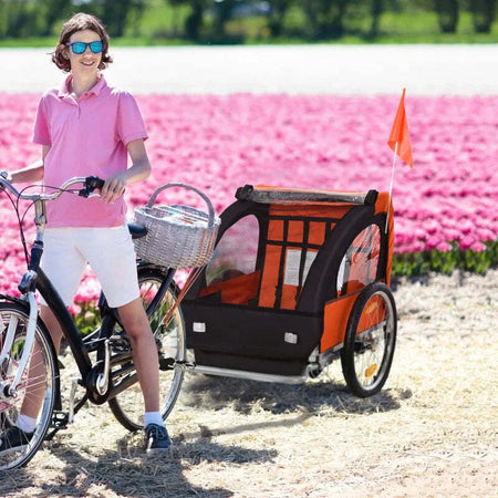 Rimorchio-Bici-Bambini-con-2-Posti,-2-Cinture-di-Sicurezza,-Telaio-in-Acciaio-e-Copertura-in-Tessuto-Oxford-Arancione-YB6440-008OGYB6