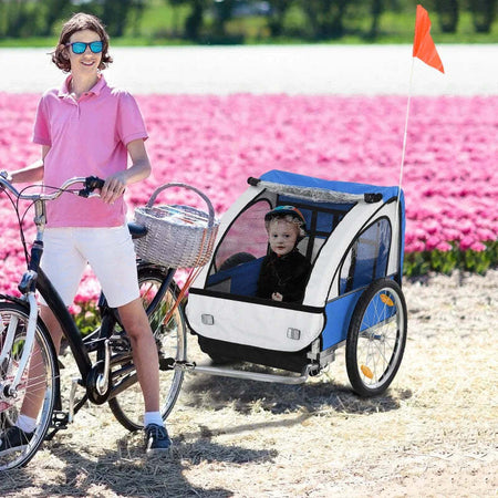 Rimorchio-Bici-Bambini-con-2-Posti,-2-Cinture-di-Sicurezza,-Telaio-in-Acciaio-e-Copertura-in-Tessuto-Oxford-Blu-RE7440-008BURE7