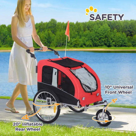 Rimorchio-Bici-per-Cani-Taglia-Media-a-2-Ingressi-con-Finestrelle-e-Tettuccio-Apribile,-126-155x83x108-cm,-Rosso-GB65663-1289GB6