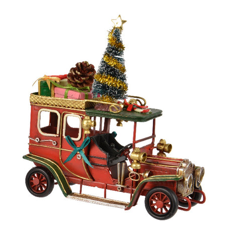 Macchina natalizia in ferro con albero, pigna e regali, decorazione per villaggio di Natale da 17 cm