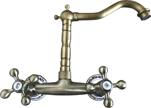 Rubinetto a parete bronzato vecchio ottone vintage dettagli in ceramica